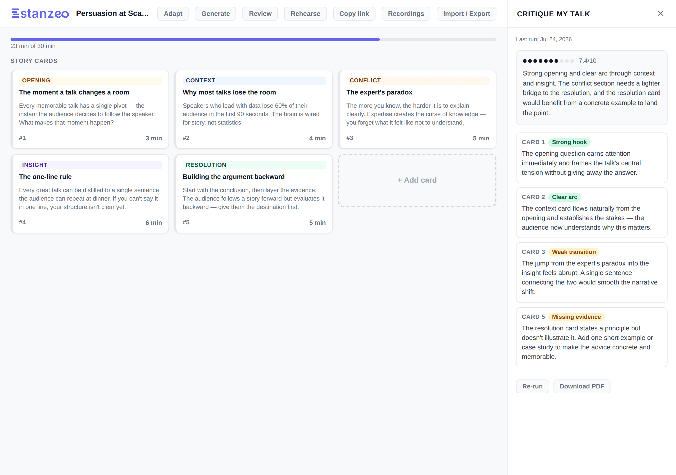 Stanzeo talk editor with story cards on the left and the AI critique panel on the right, showing a 7.4/10 score with per-card feedback — opening, context, conflict, insight, resolution sections
